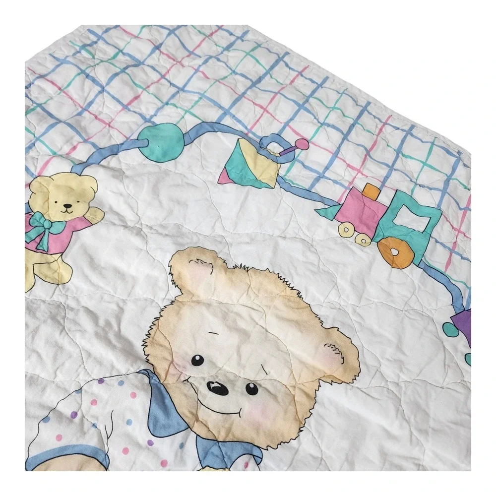 Vintage Teddy Bear Nursery Baby Quilt Reversible Footprint Grid Pastel 38x32